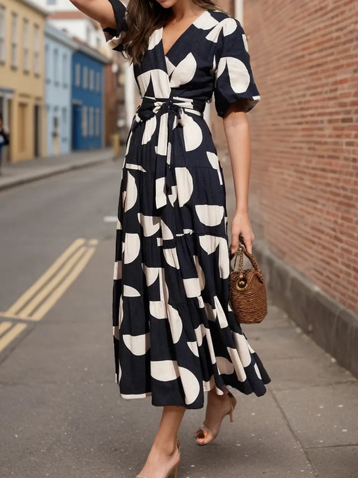Tiered Floral Midi Dress with Tie Waist and Half Sleeves – Summer Wedding Guest Attire