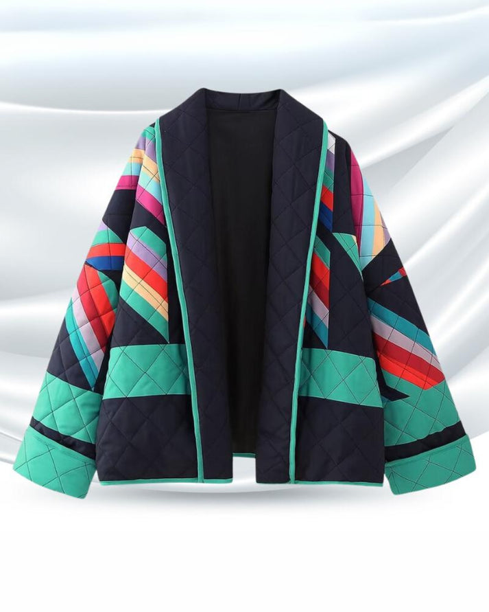 Cappotto oversize da donna in stile retrò revival con vivace design patchwork
