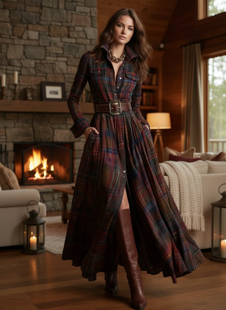 Women’s Plaid Maxi Dress with Button Front and Belt