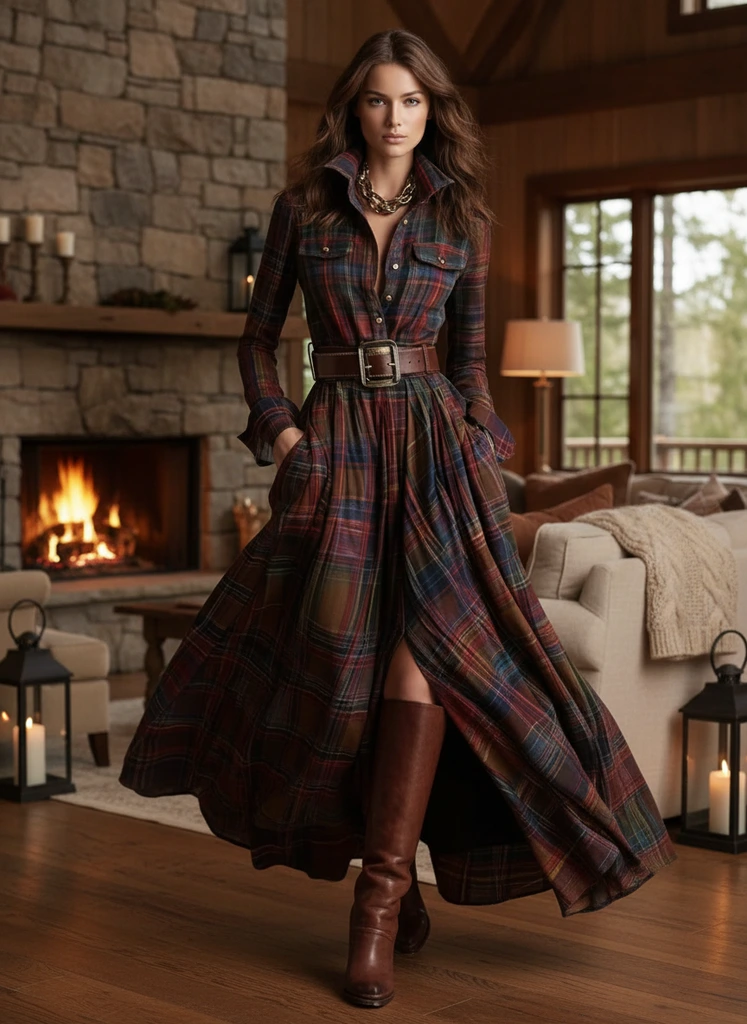 Women’s Plaid Maxi Dress with Button Front and Belt