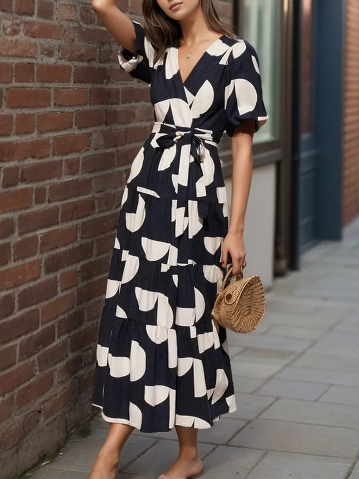 Tiered Floral Midi Dress with Tie Waist and Half Sleeves – Summer Wedding Guest Attire