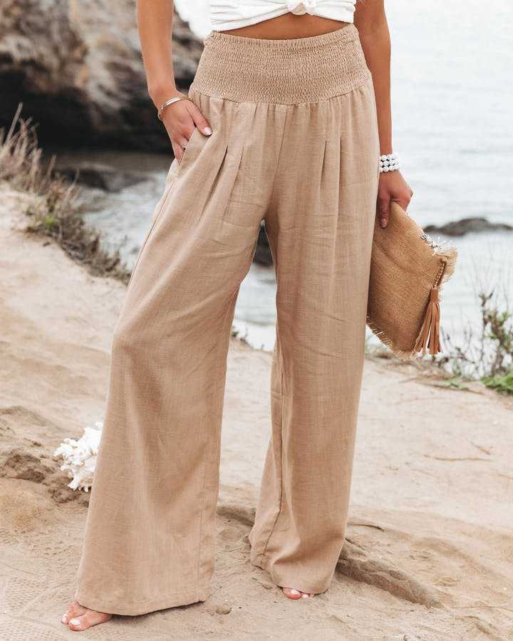 Beach Wide Leg Pants Summer Trousers Women Cotton Blend High Waist Loose Fit