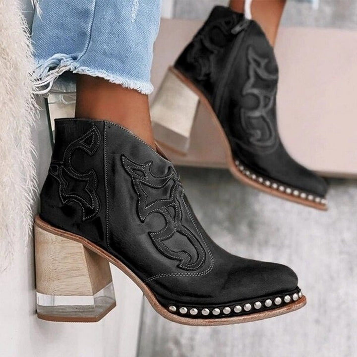 Ankle Boot Western Leather Women's Sculpted Block Heel with Studded Accents
