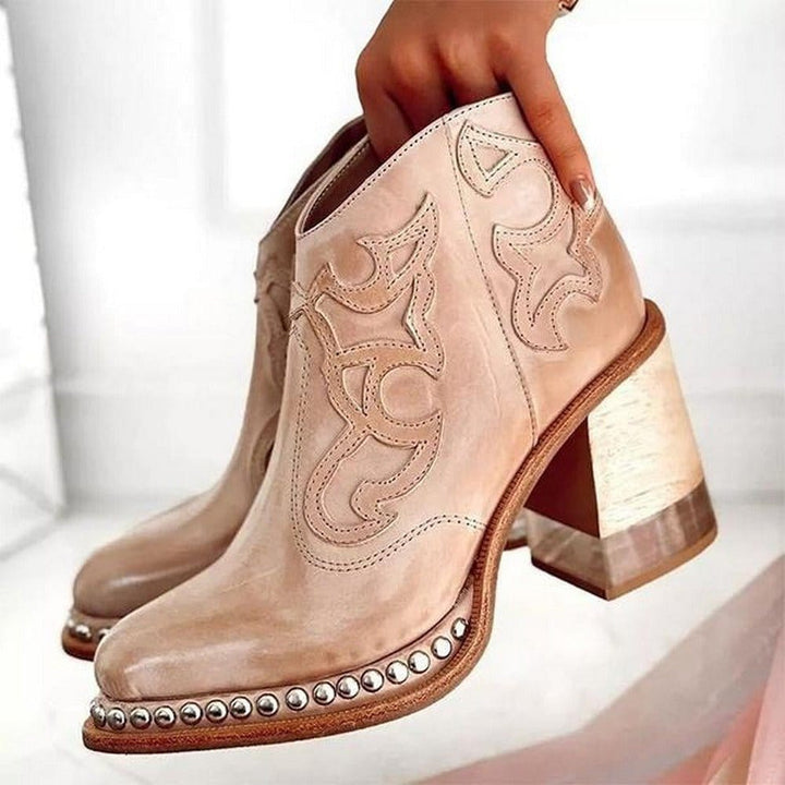 Ankle Boot Western Leather Women's Sculpted Block Heel with Studded Accents