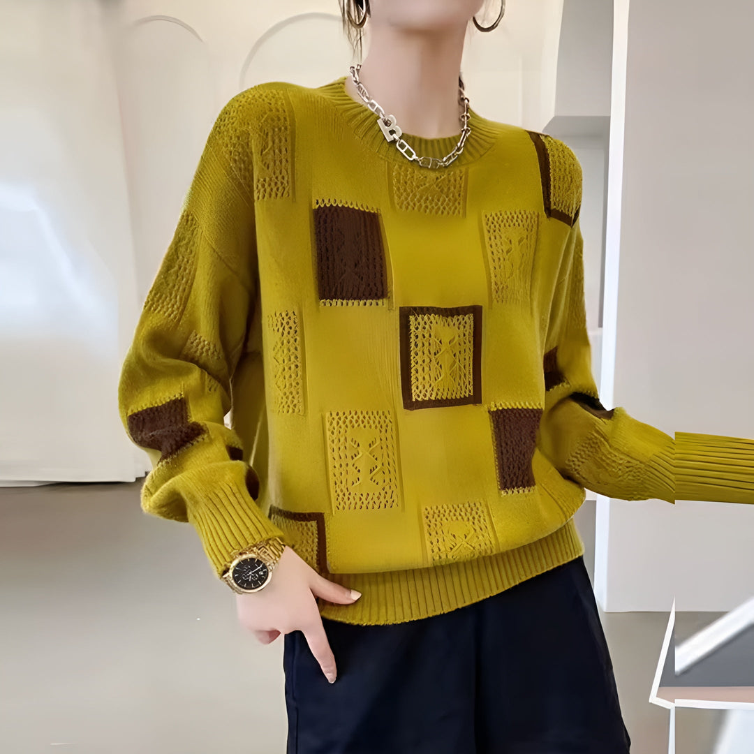 Women’s Cozy Patchwork Knit Sweater Featuring Geometric Patterns