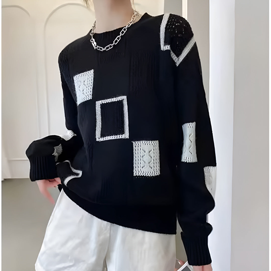 Women’s Cozy Patchwork Knit Sweater Featuring Geometric Patterns