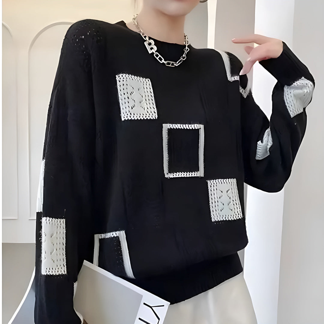 Women’s Cozy Patchwork Knit Sweater Featuring Geometric Patterns