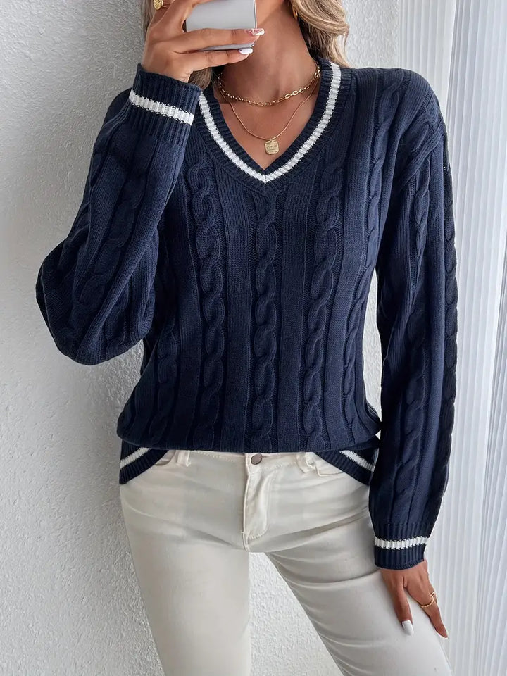 Pull en maille torsadée confortable à col en V pour femme