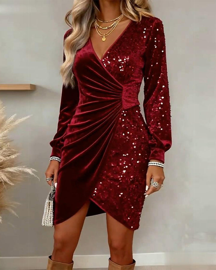 Robe mini portefeuille à sequins pour femme avec manches longues