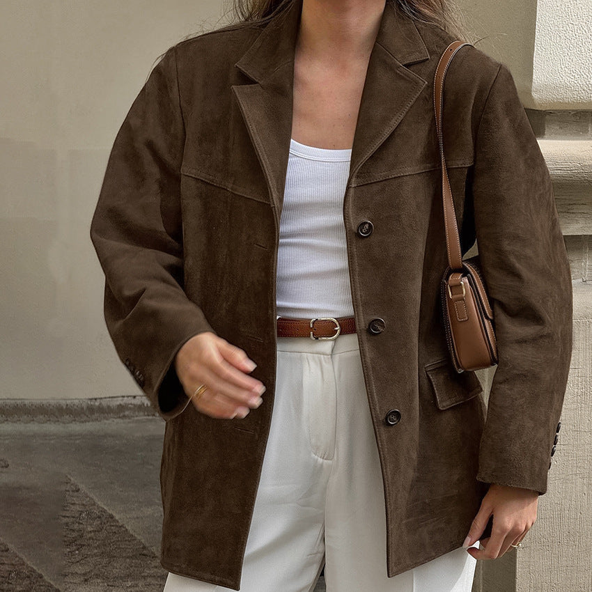 Veste blazer en daim marron doux pour femme