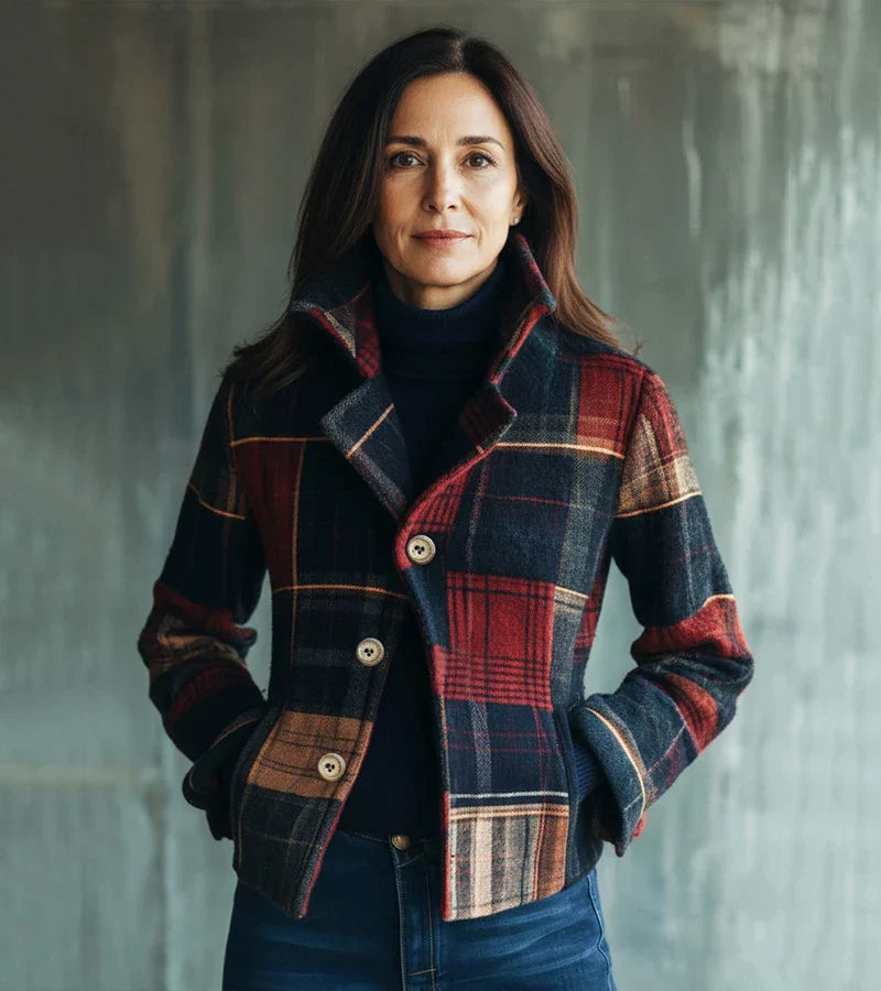 Accogliente giacca abbottonata sartoriale da donna scozzese