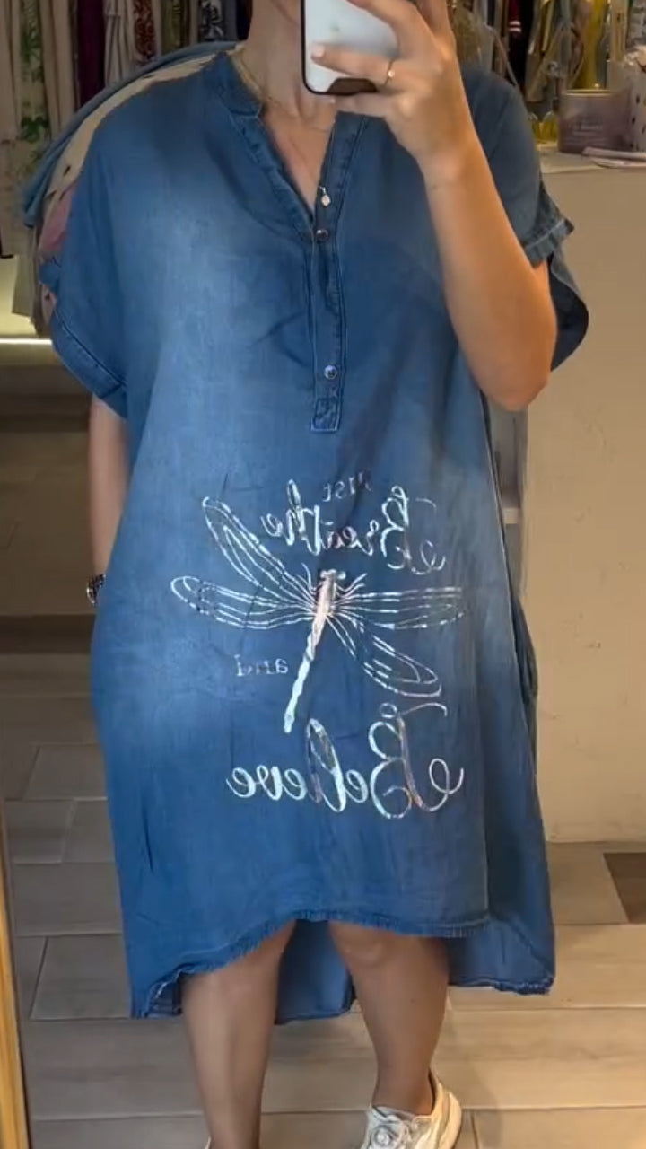 Women’s Comfortable V-Neck Denim Midi Dress