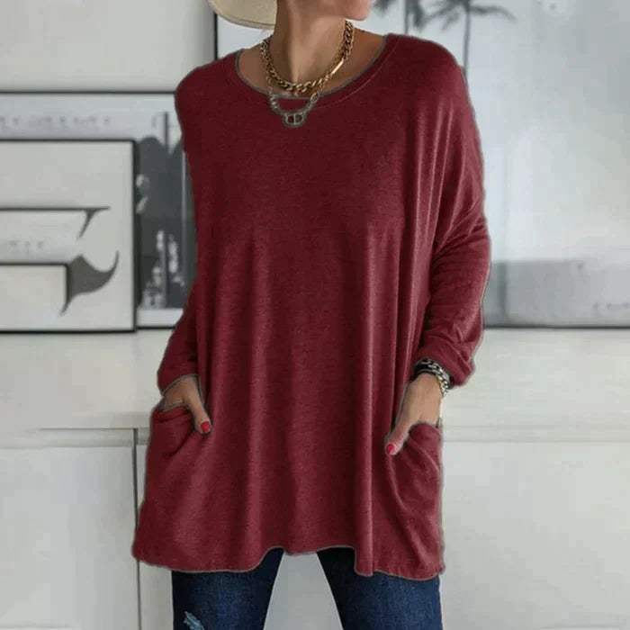 Relaxed Fit Long Sleeve Tunic Top with Pockets