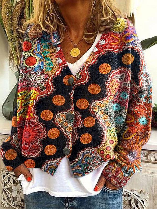Women’s Soft Bohemian Button-Front Printed Sweater