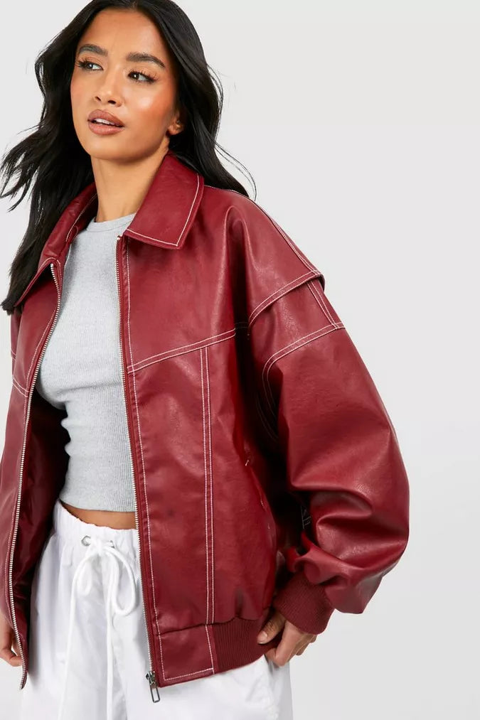 Veste en cuir rouge surdimensionnée pour femmes avec finition premium luxueusement douce