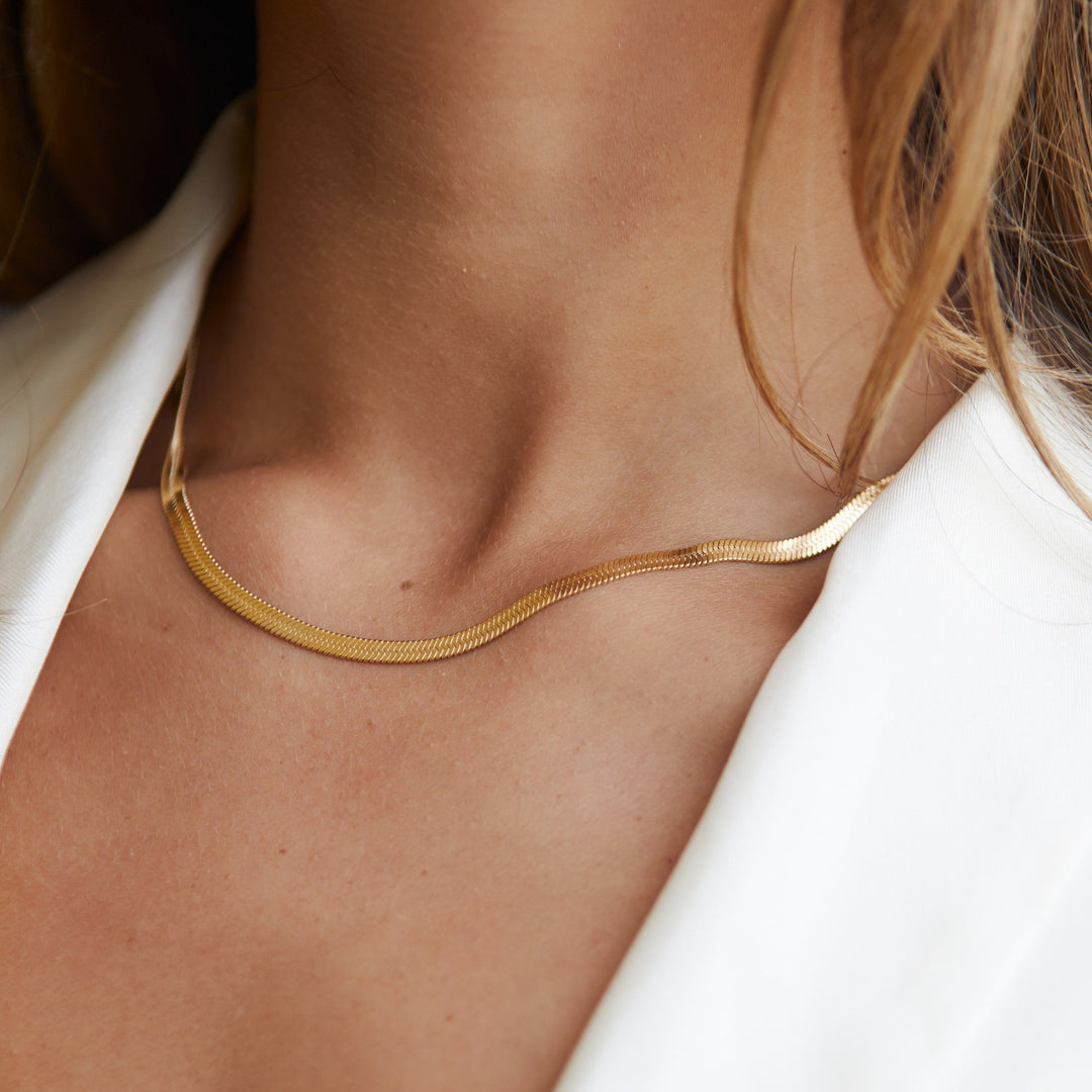 Women’s Choker Necklace Gold Herringbone Stainless Steel Adjustable