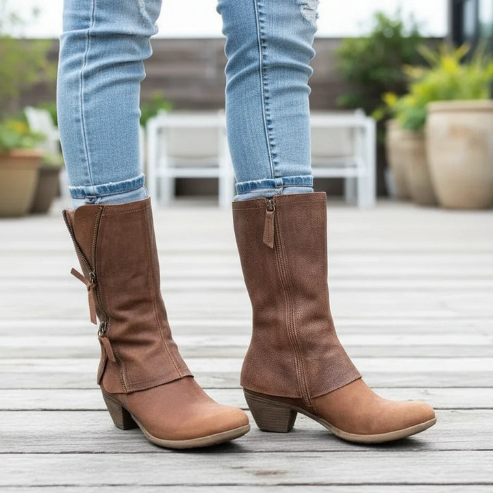 Bottes zippées mi-mollet pour femmes avec talon bas pour plus de confort
