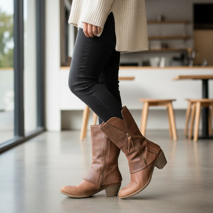 Bottes zippées mi-mollet pour femmes avec talon bas pour plus de confort