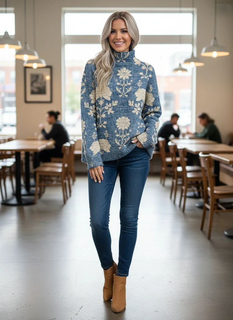 Women's High Neck Knit Sweater with Forest Pattern