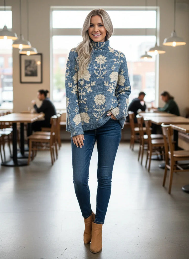 Women's High Neck Knit Sweater with Forest Pattern