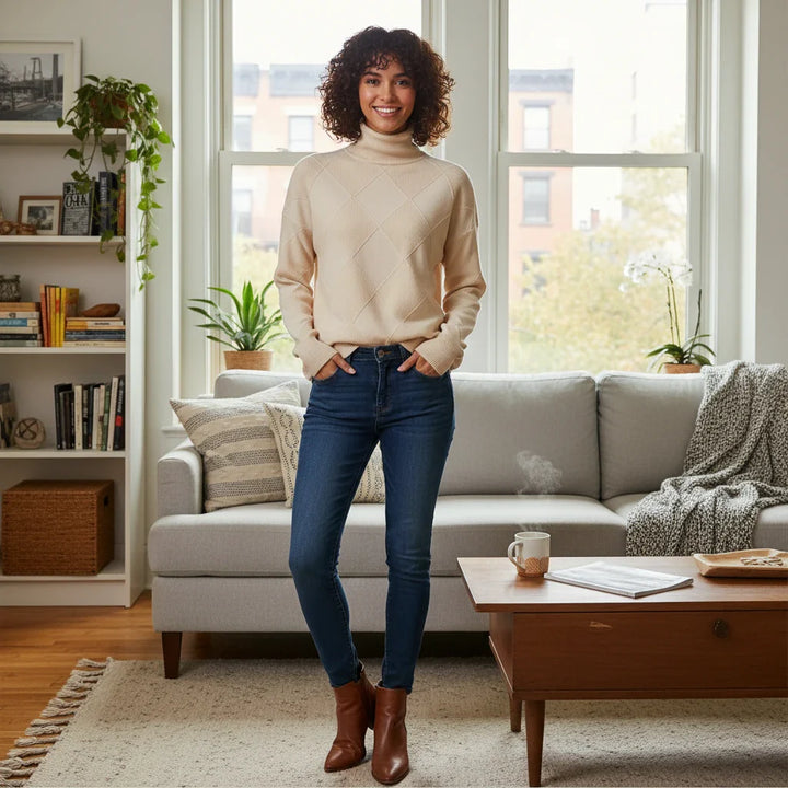 Koselig geometrisk mønsterstrikket genser med turtleneck for kvinner