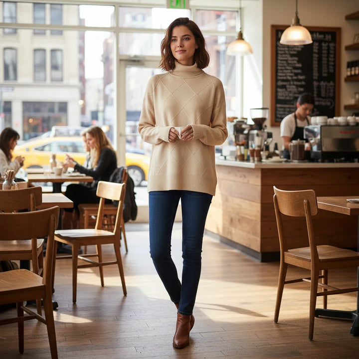 Koselig geometrisk mønsterstrikket genser med turtleneck for kvinner