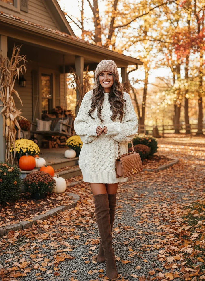 Chunky kabelstrikket genserkjole for kvinner for høst og vinter