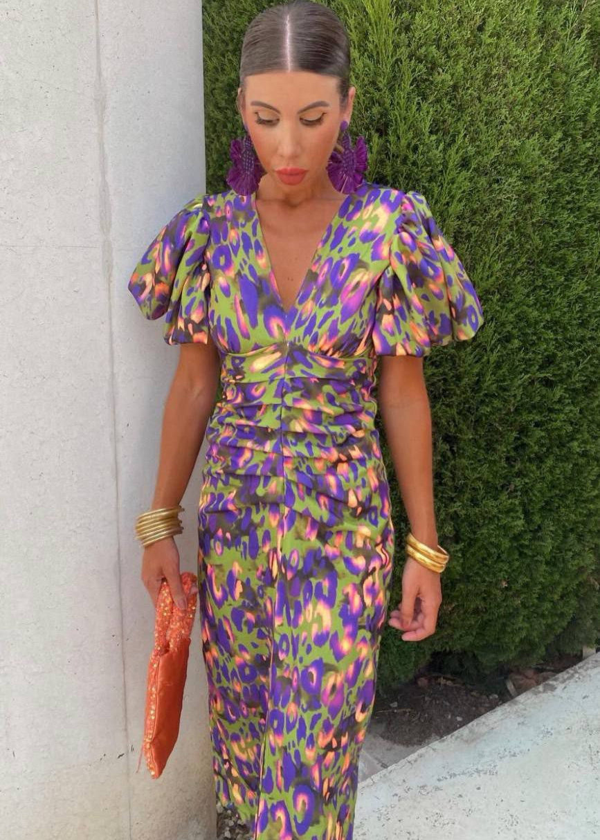 Figurbetontes, bedrucktes Midikleid mit V-Ausschnitt für Damen