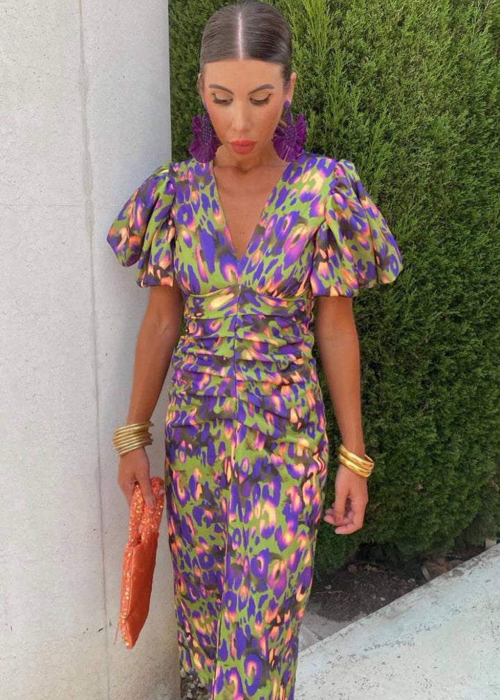 Figurbetontes, bedrucktes Midikleid mit V-Ausschnitt für Damen