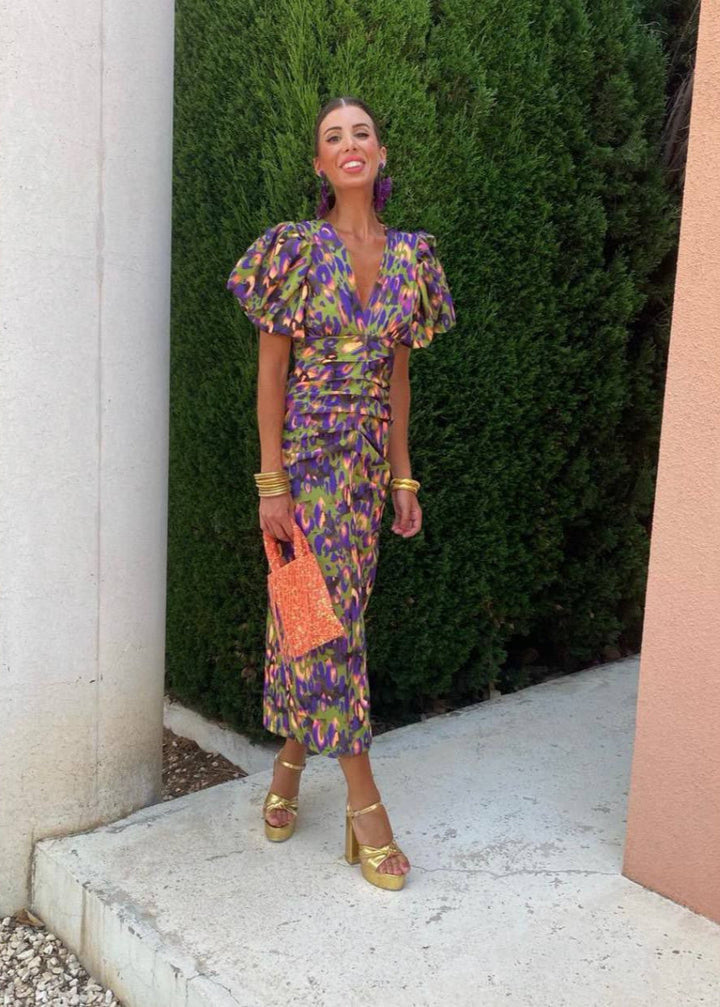 Figurbetontes, bedrucktes Midikleid mit V-Ausschnitt für Damen