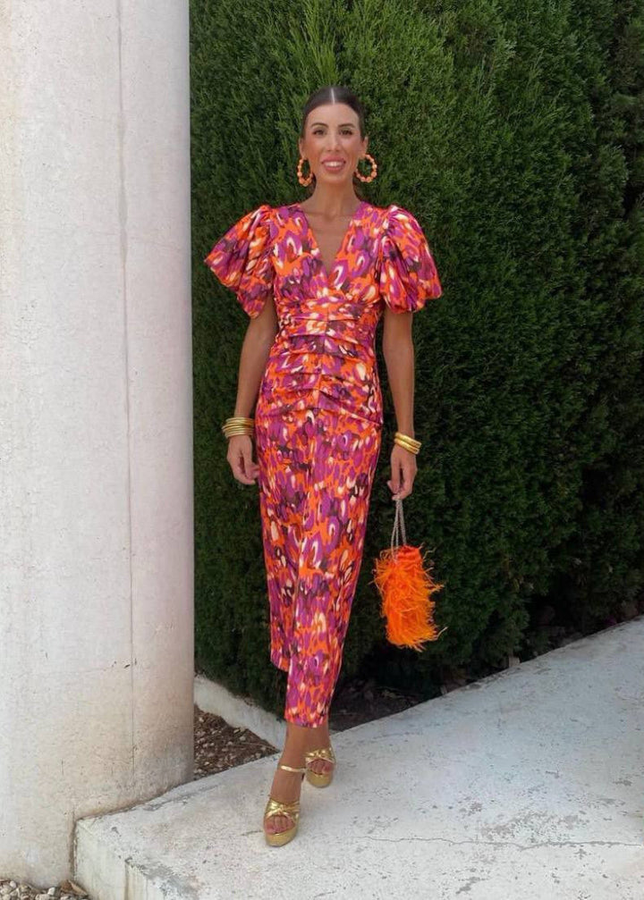 Figurbetontes, bedrucktes Midikleid mit V-Ausschnitt für Damen