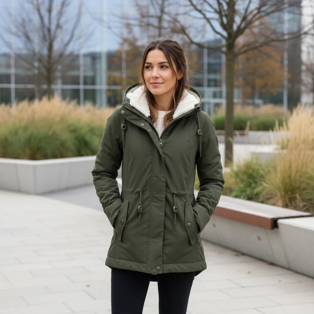 Accogliente giacca invernale da donna con cappuccio e cerniera frontale