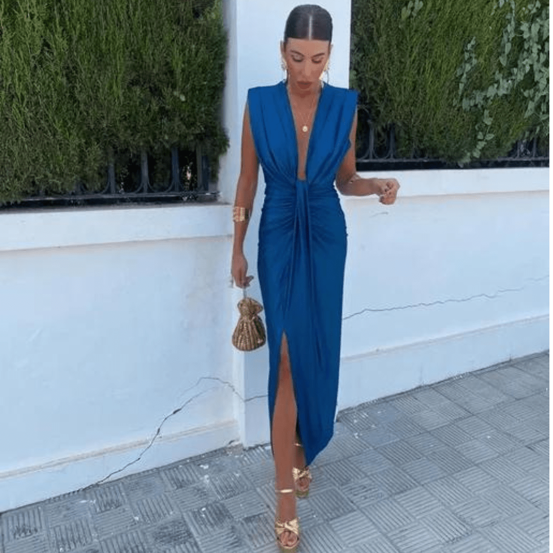 Women's Charm and Glamour Midi Dress with Deep V-Neckline