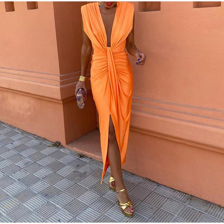 Women's Charm and Glamour Midi Dress with Deep V-Neckline