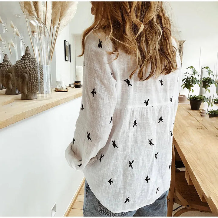 Bird Print Long Sleeve Shirt Women Lightweight & Breathable