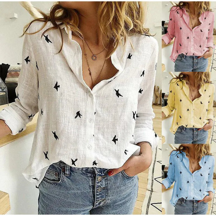 Bird Print Long Sleeve Shirt Women Lightweight & Breathable