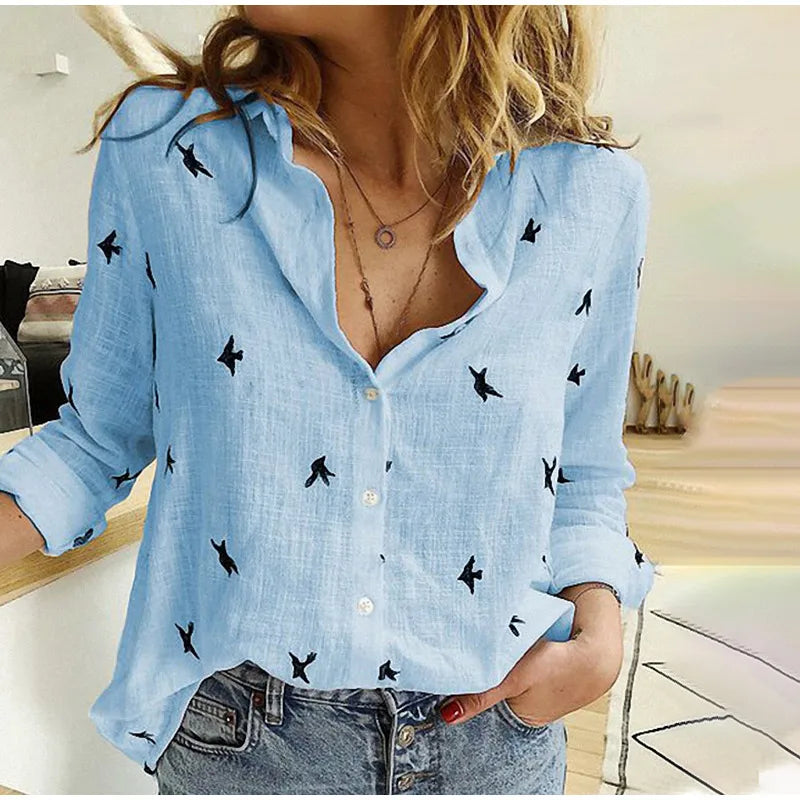 Bird Print Long Sleeve Shirt Women Lightweight & Breathable