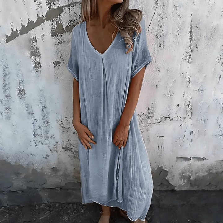 Löysä V-kaula-aukkoinen maksimekko, naisten puuvillainen pellava