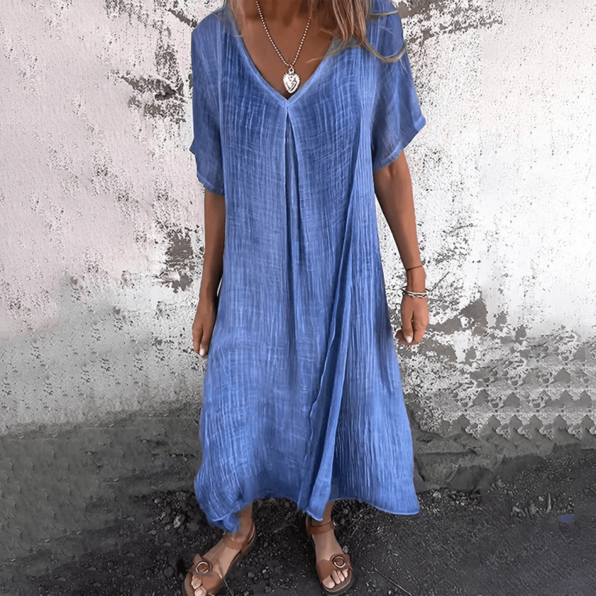 Löysä V-kaula-aukkoinen maksimekko, naisten puuvillainen pellava