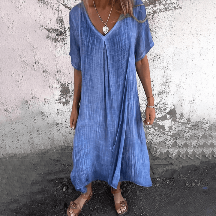 Löysä V-kaula-aukkoinen maksimekko, naisten puuvillainen pellava