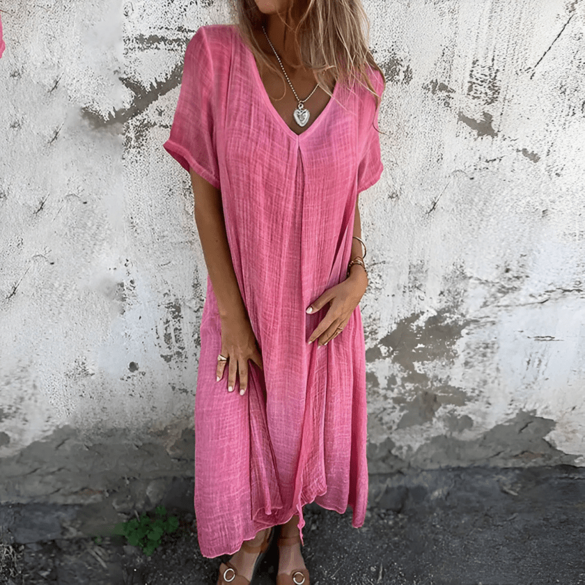 Löysä V-kaula-aukkoinen maksimekko, naisten puuvillainen pellava