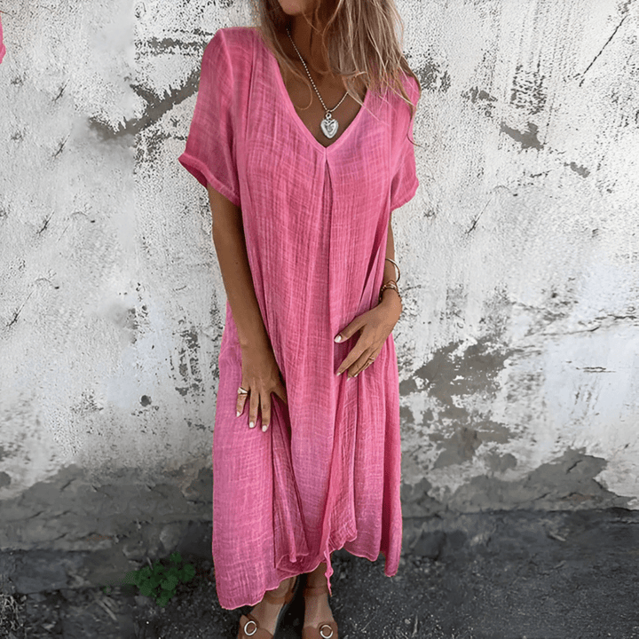 Löysä V-kaula-aukkoinen maksimekko, naisten puuvillainen pellava