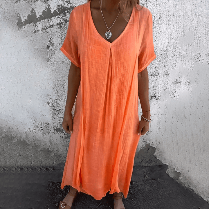 Löysä V-kaula-aukkoinen maksimekko, naisten puuvillainen pellava