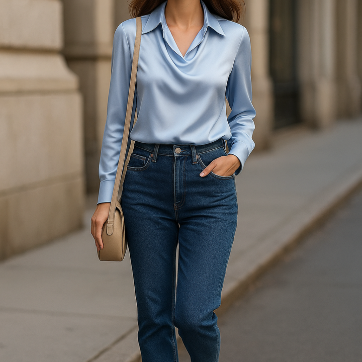 Damska elegancka satynowa bluzka z dekoltem w serek