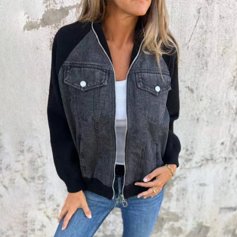 Women's Two-Tone Zip-Up Denim Jacket