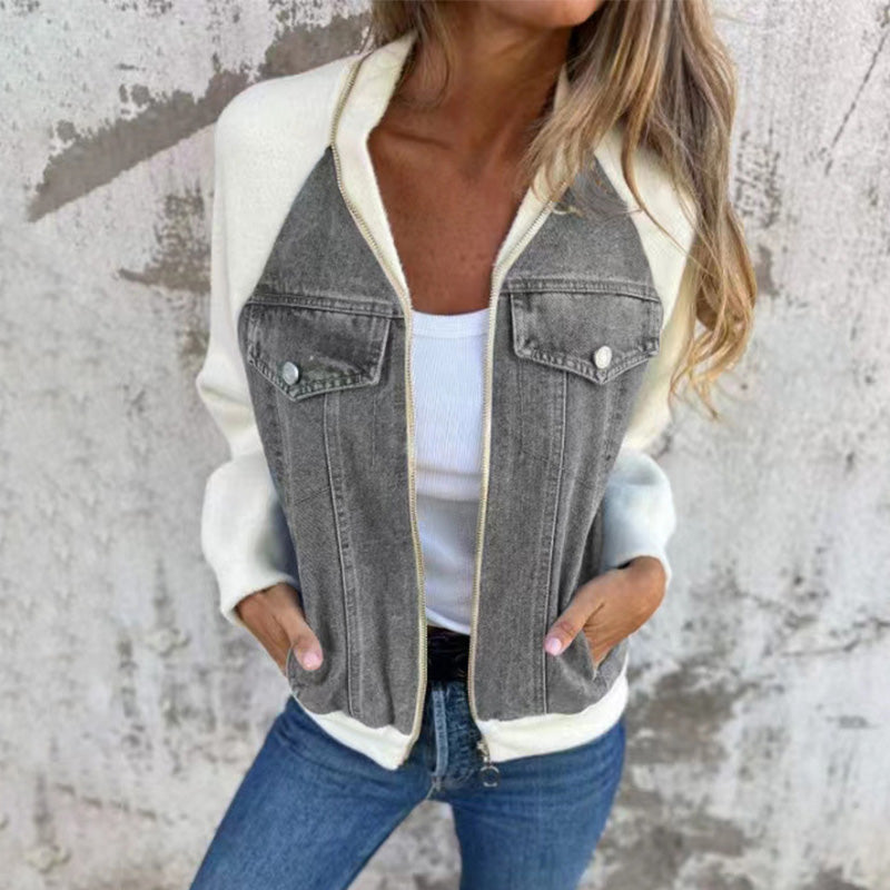 Women's Two-Tone Zip-Up Denim Jacket