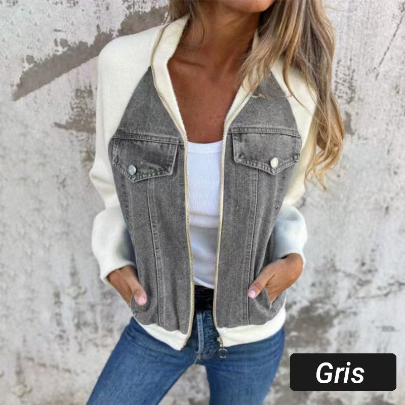 Women's Two-Tone Zip-Up Denim Jacket
