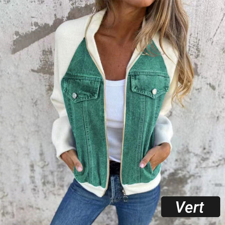 Women's Two-Tone Zip-Up Denim Jacket