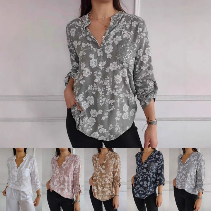 Women's Elegant Floral Sequin Pocket Blouse