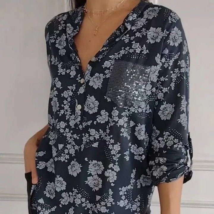 Women's Elegant Floral Sequin Pocket Blouse